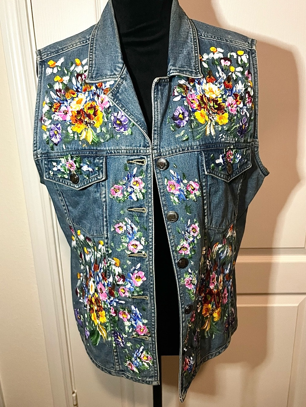 vintage St. John's Bay painted denim vest - Picture 1 of 7